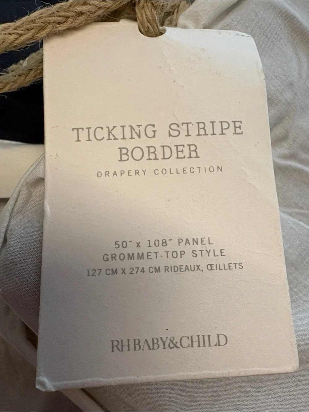 Restoration Hardware checking, stripe border, drapery, grommet style top